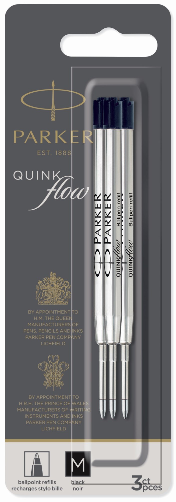 Черный стержень для шариковых ручек Parker QuinkFlow Z08 (M - 1мм), в блистере (3шт)